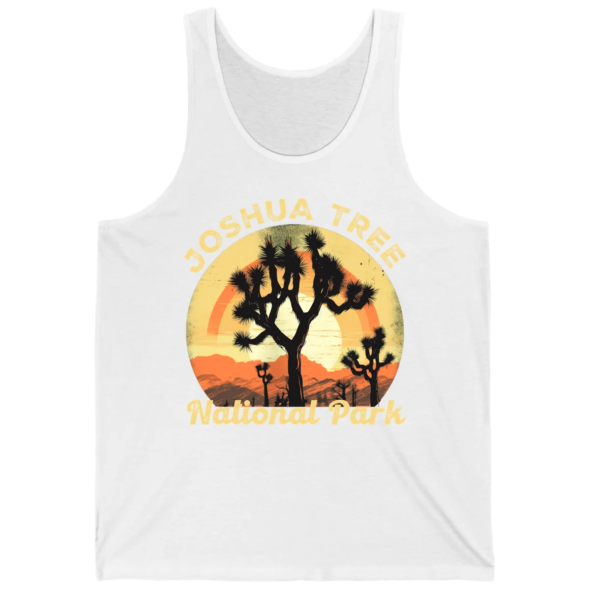 Vintage circular badge design featuring joshua tree desert sunset with silhouetted trees and warm gradient sky in White