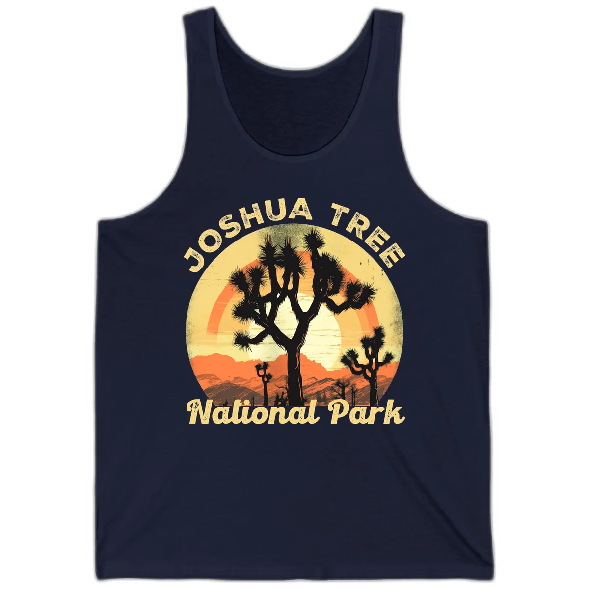 Vintage circular badge design featuring joshua tree desert sunset with silhouetted trees and warm gradient sky in Navy