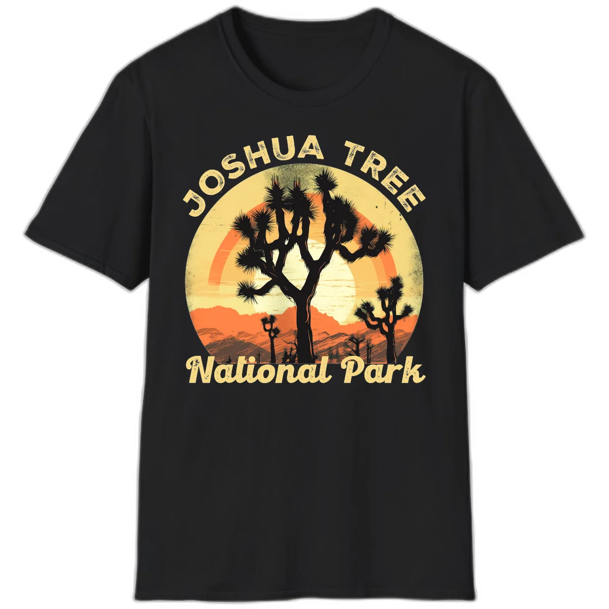 Vintage circular badge design featuring joshua tree desert sunset with silhouetted trees and warm gradient sky in Black
