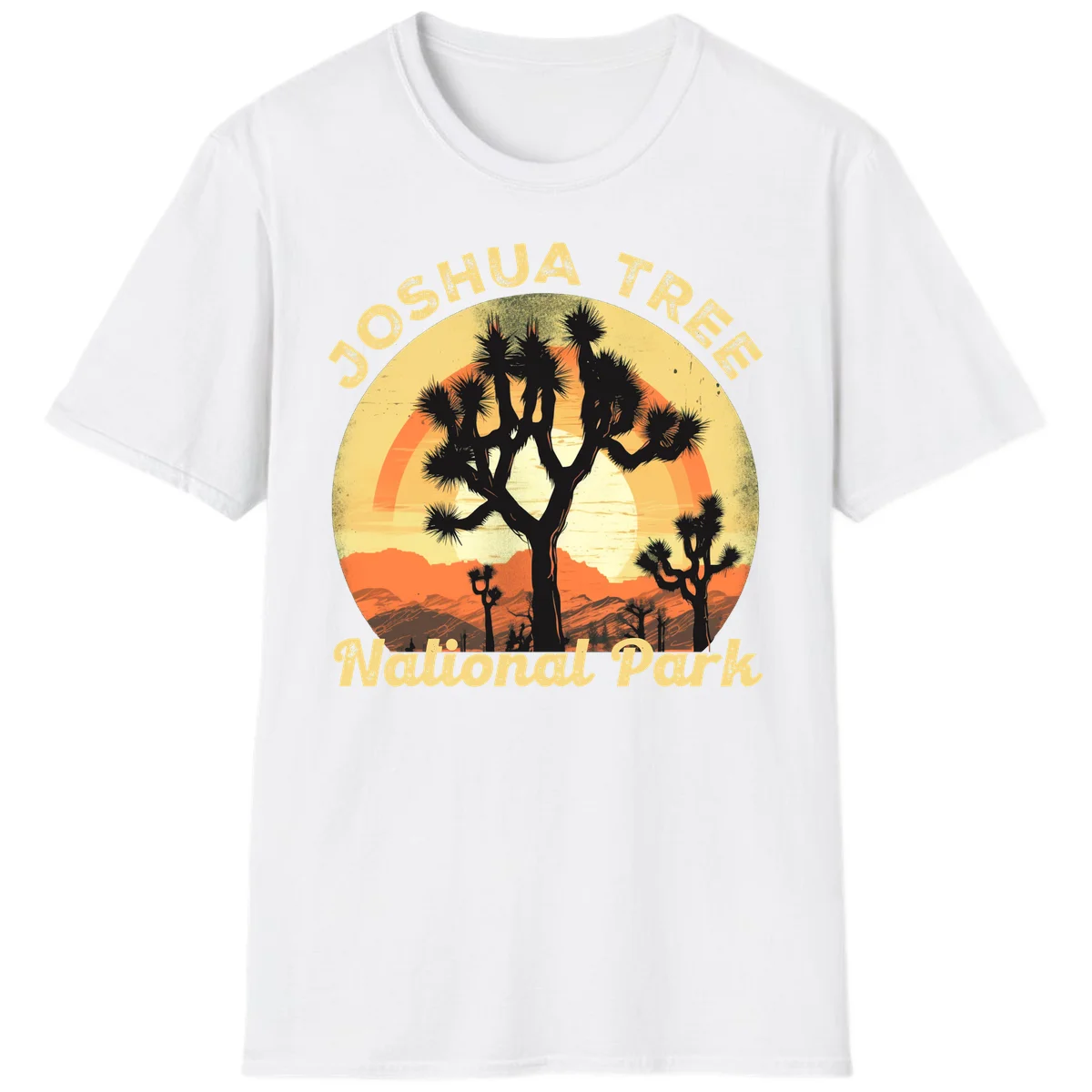 Vintage circular badge design featuring joshua tree desert sunset with silhouetted trees and warm gradient sky in White
