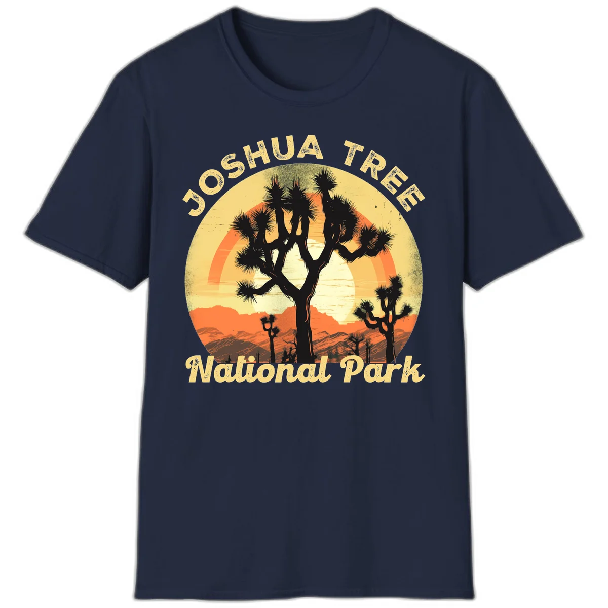 Vintage circular badge design featuring joshua tree desert sunset with silhouetted trees and warm gradient sky in Navy