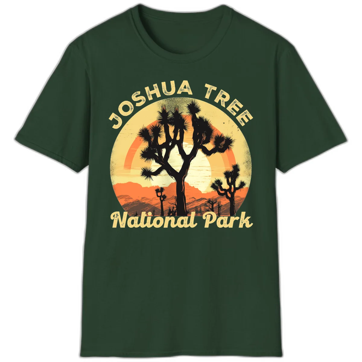 Vintage circular badge design featuring joshua tree desert sunset with silhouetted trees and warm gradient sky in Forest Green