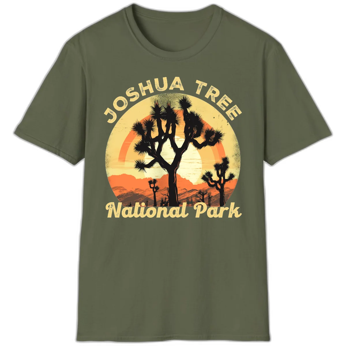Vintage circular badge design featuring joshua tree desert sunset with silhouetted trees and warm gradient sky in Military Green