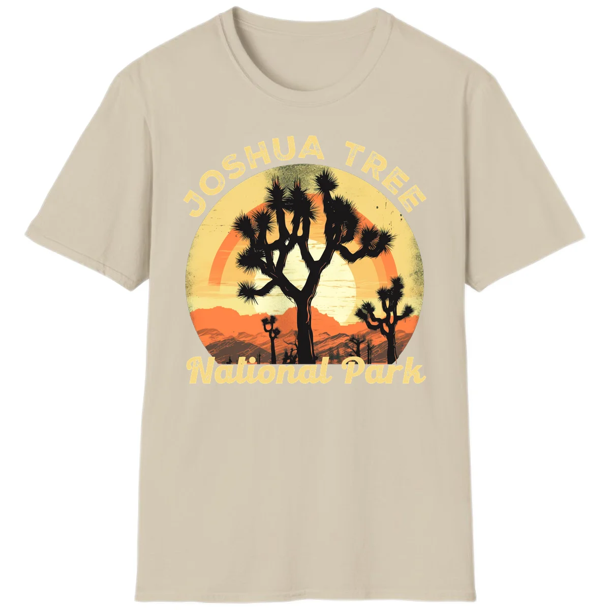 Vintage circular badge design featuring joshua tree desert sunset with silhouetted trees and warm gradient sky in Sand