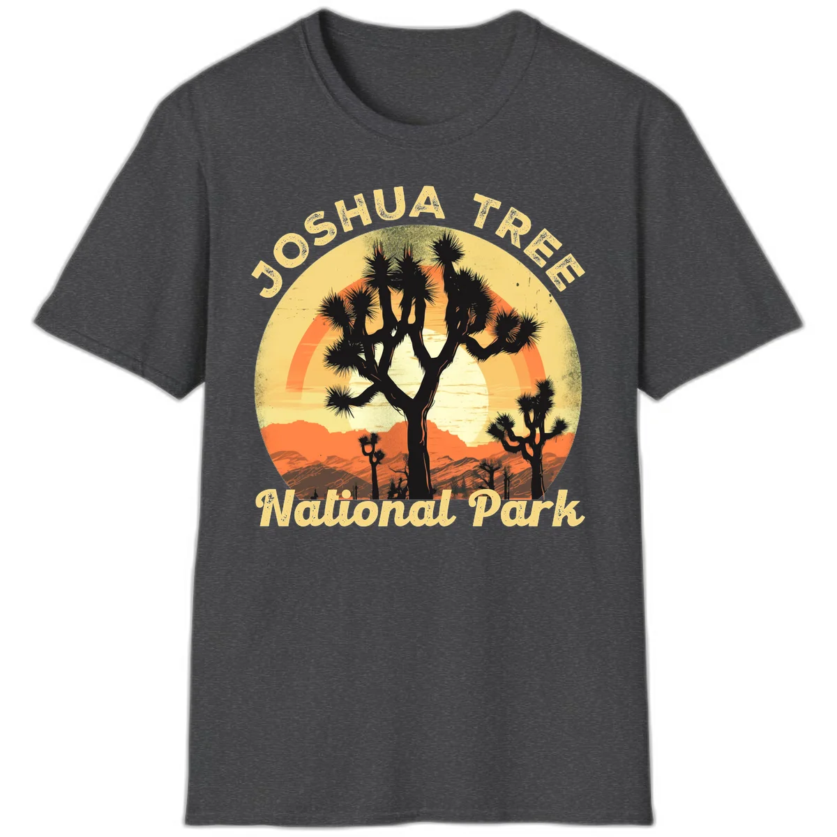 Vintage circular badge design featuring joshua tree desert sunset with silhouetted trees and warm gradient sky in Dark Heather