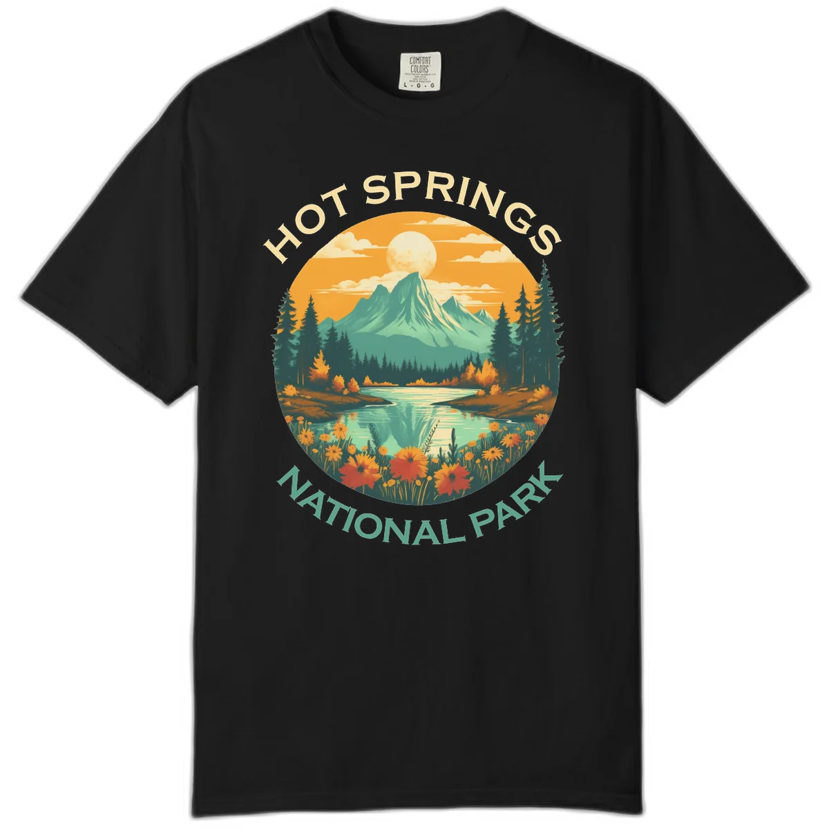Hot Springs National Park vista illustration with mountain, wildflowers, stream, and forest in circular badge design in Black