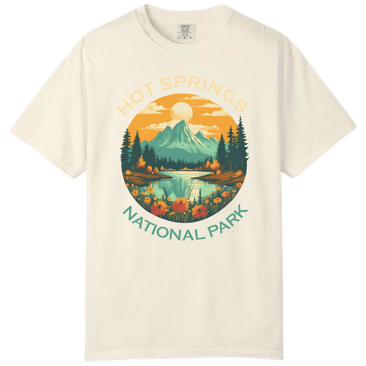 Hot Springs National Park vista illustration with mountain, wildflowers, stream, and forest in circular badge design in Ivory