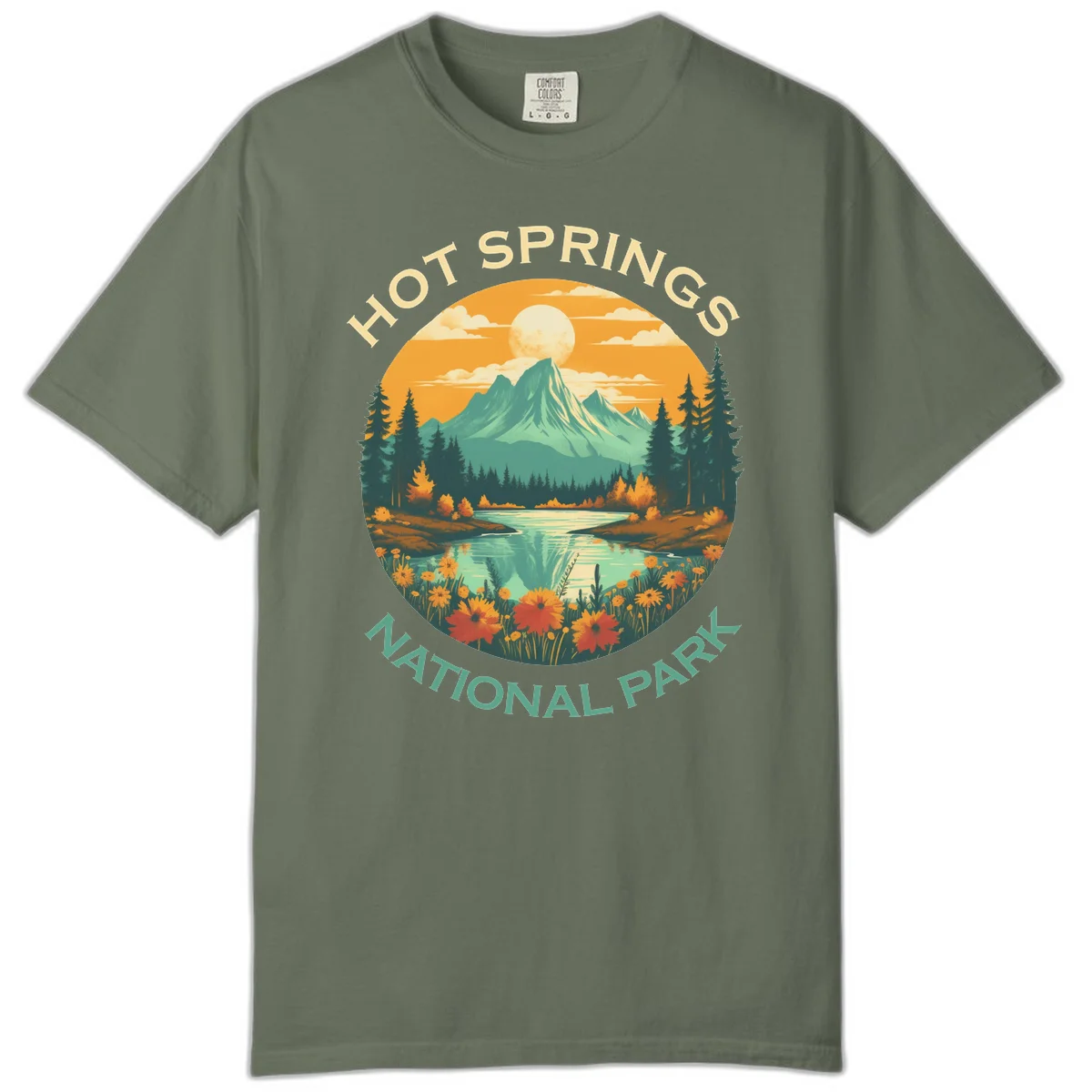 Hot Springs National Park vista illustration with mountain, wildflowers, stream, and forest in circular badge design in Moss
