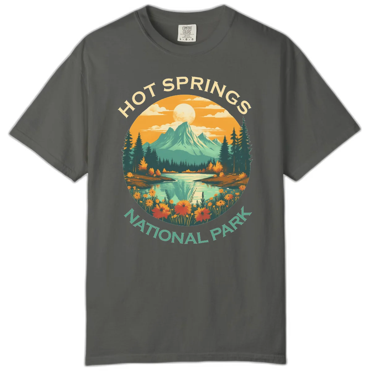 Hot Springs National Park vista illustration with mountain, wildflowers, stream, and forest in circular badge design in Pepper