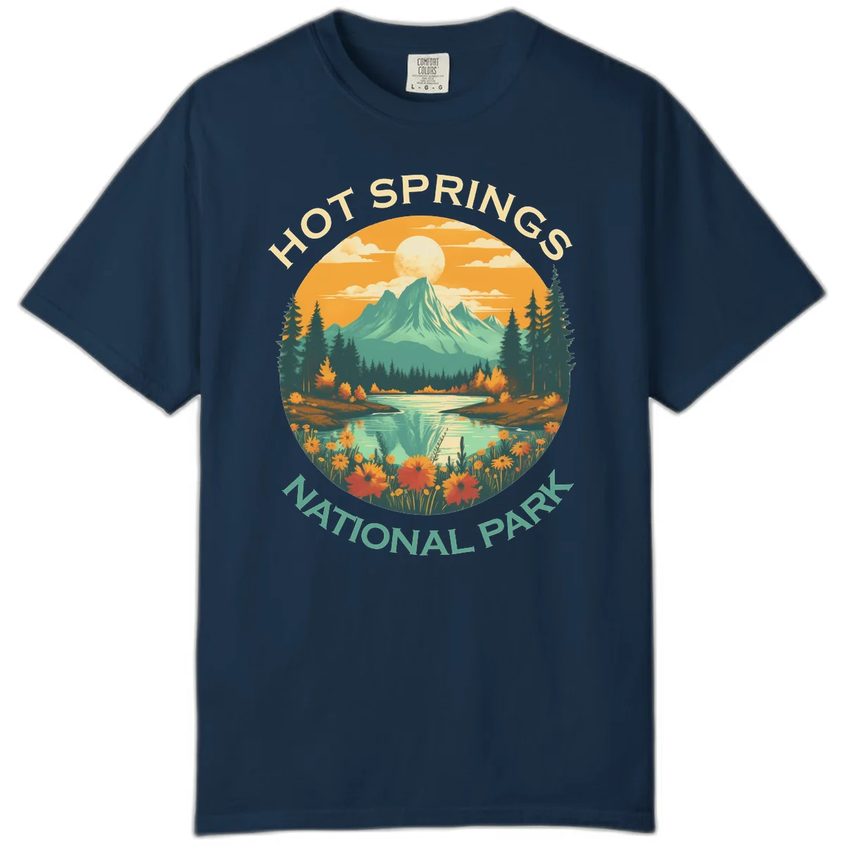 Hot Springs National Park vista illustration with mountain, wildflowers, stream, and forest in circular badge design in True Navy
