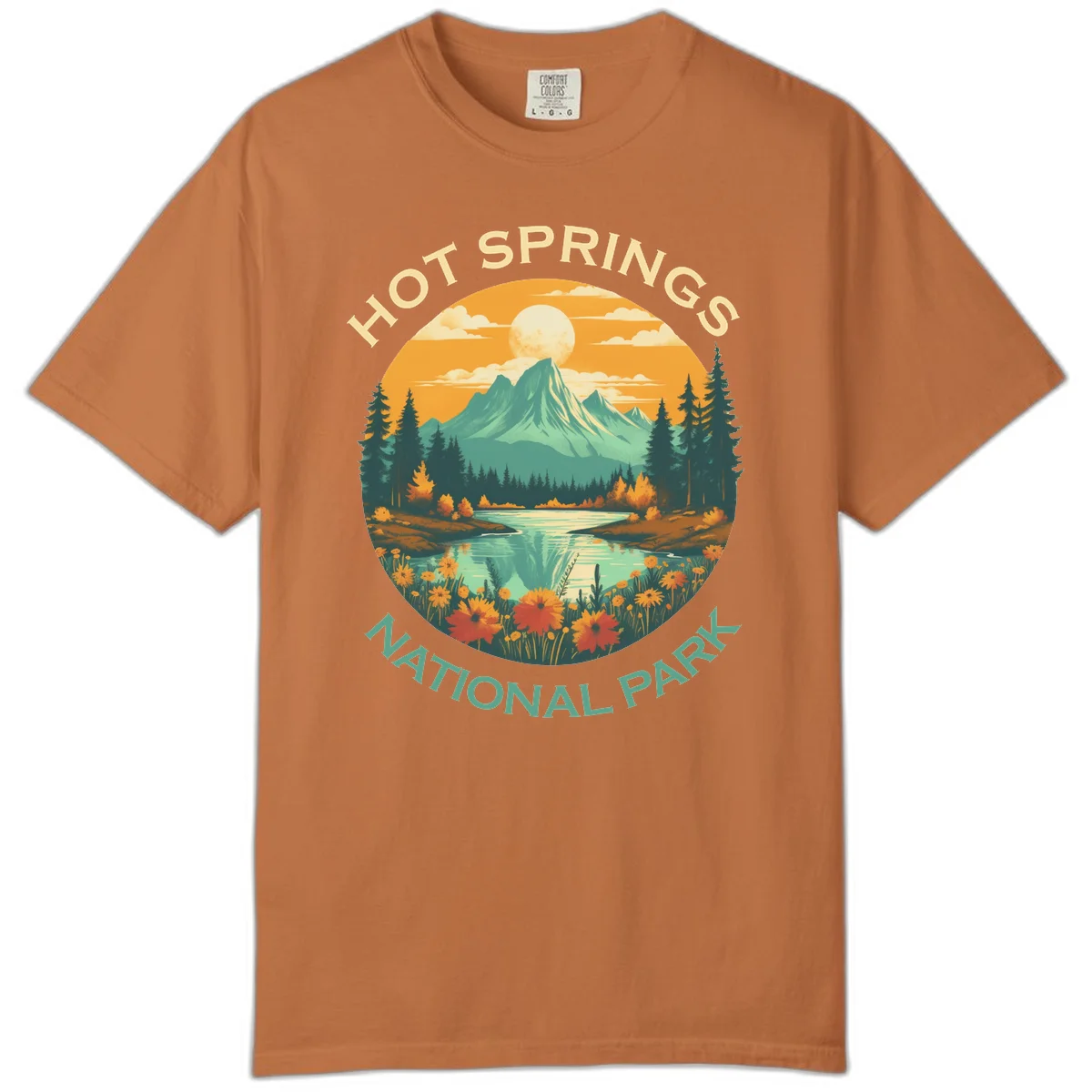 Hot Springs National Park vista illustration with mountain, wildflowers, stream, and forest in circular badge design in Yam