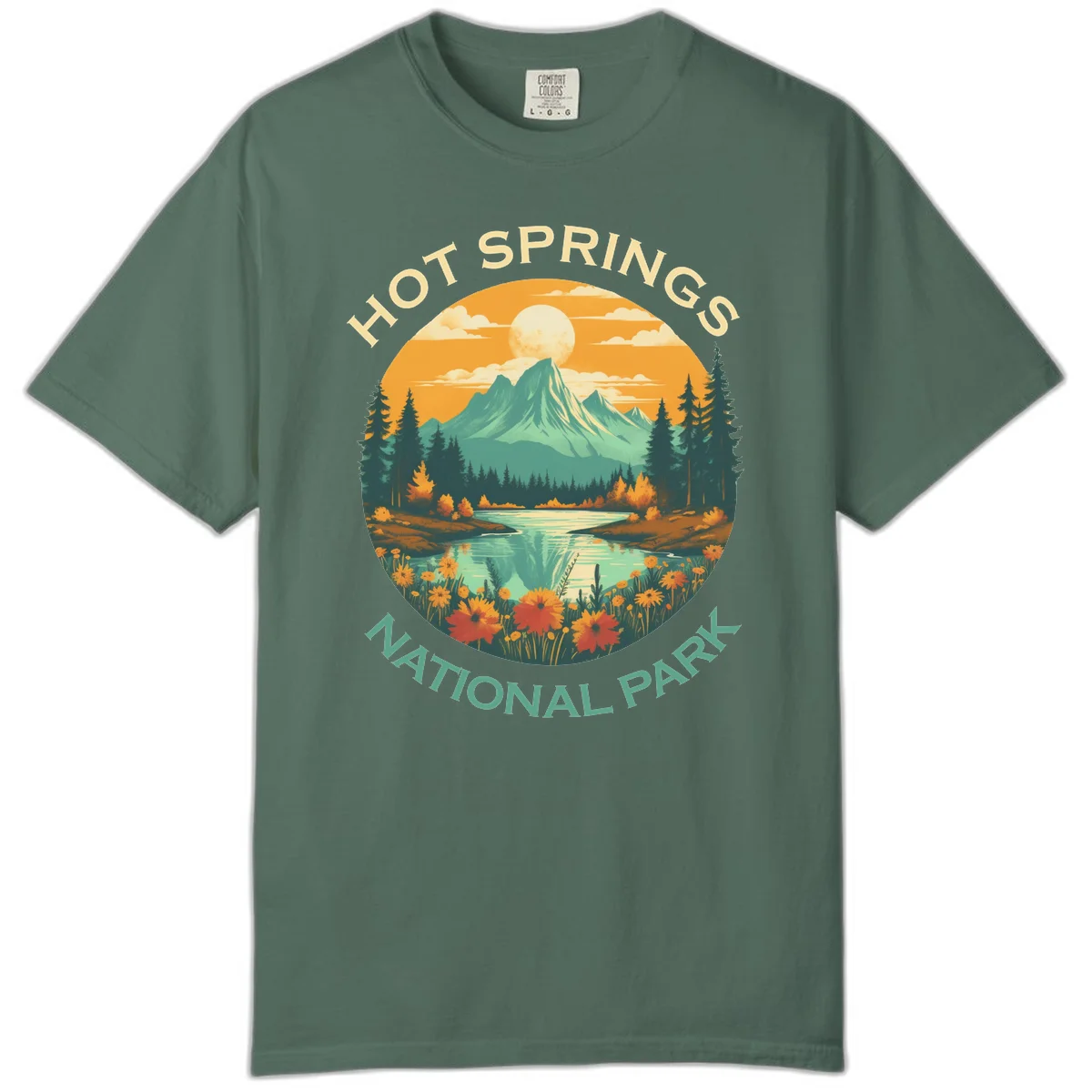Hot Springs National Park vista illustration with mountain, wildflowers, stream, and forest in circular badge design in Blue Spruce