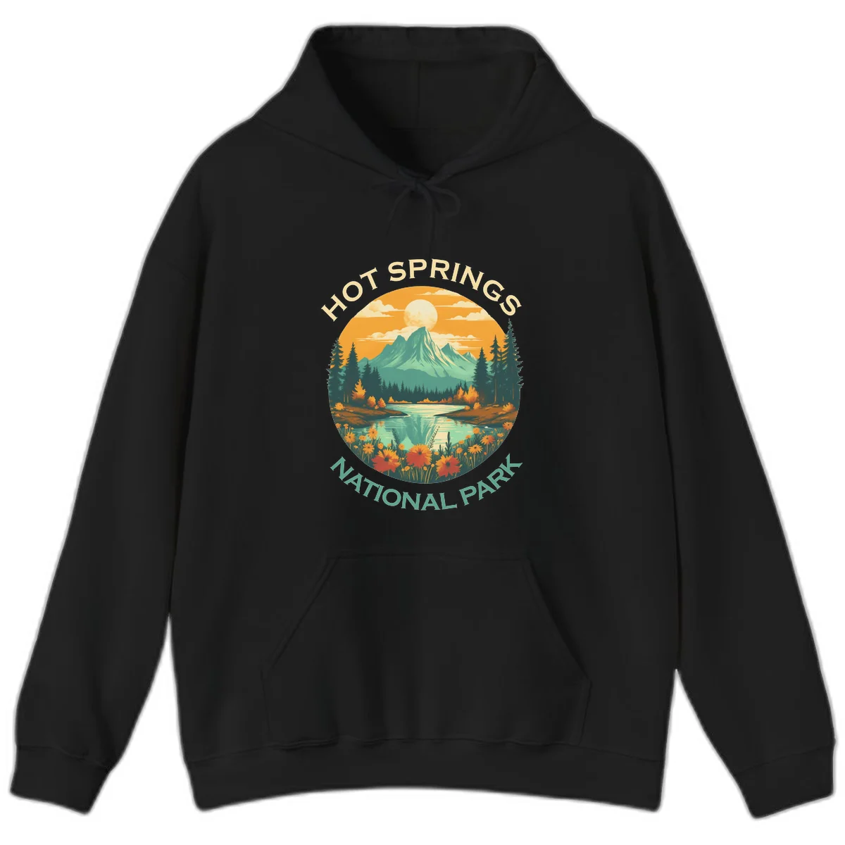 Hot Springs National Park vista illustration with mountain, wildflowers, stream, and forest in circular badge design in Black