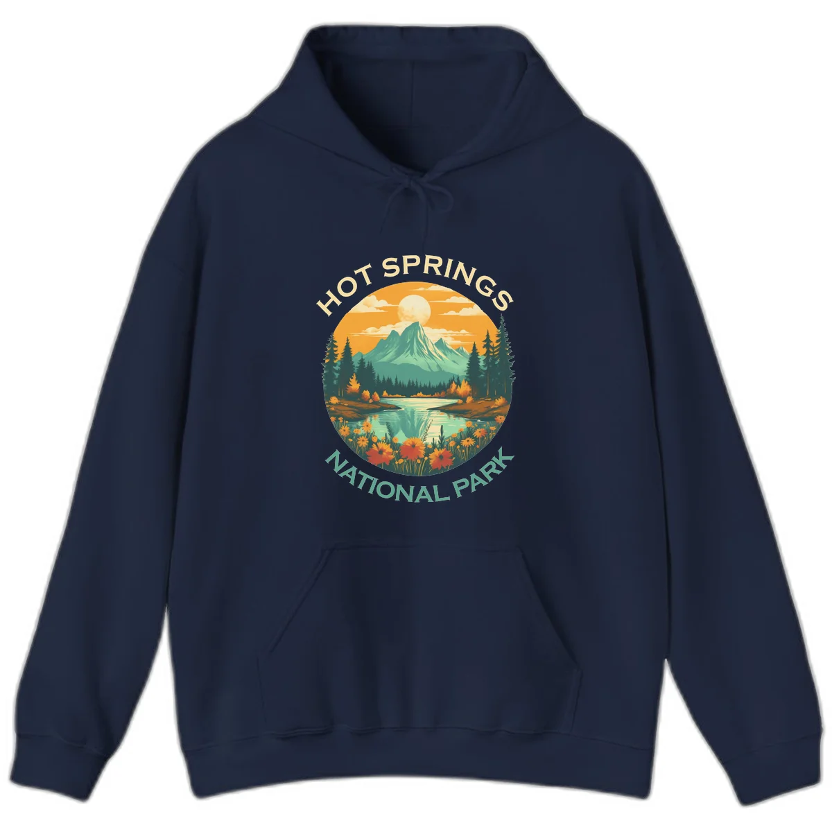 Hot Springs National Park vista illustration with mountain, wildflowers, stream, and forest in circular badge design in Navy