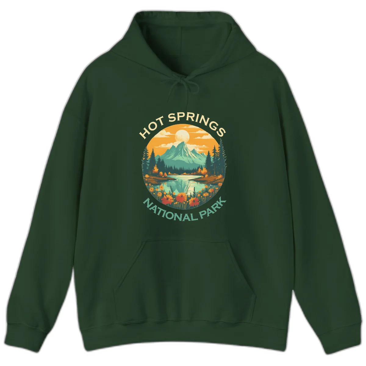 Hot Springs National Park vista illustration with mountain, wildflowers, stream, and forest in circular badge design in Forest Green