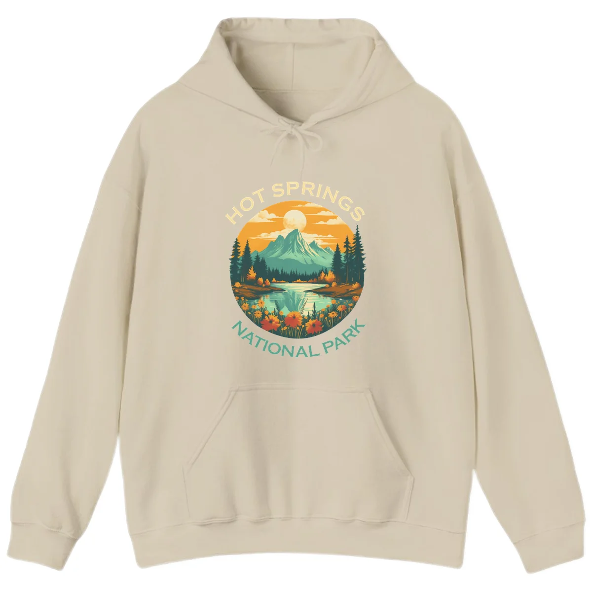 Hot Springs National Park vista illustration with mountain, wildflowers, stream, and forest in circular badge design in Sand