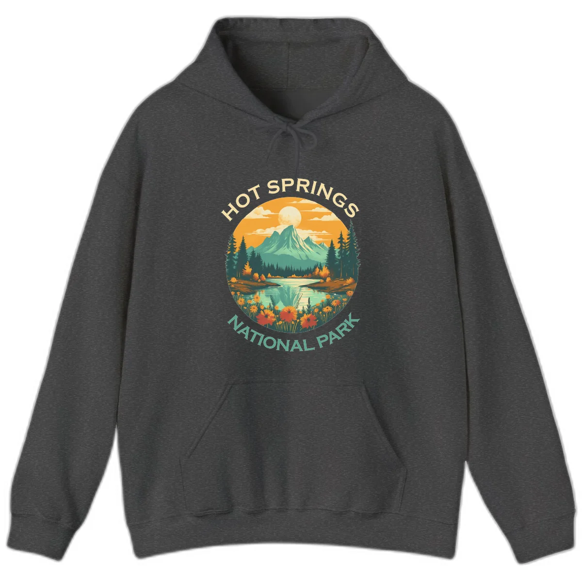 Hot Springs National Park vista illustration with mountain, wildflowers, stream, and forest in circular badge design in Dark Heather