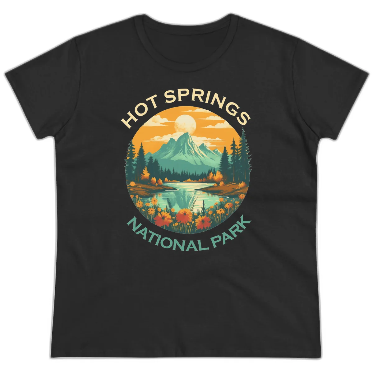 Hot Springs National Park vista illustration with mountain, wildflowers, stream, and forest in circular badge design in Black