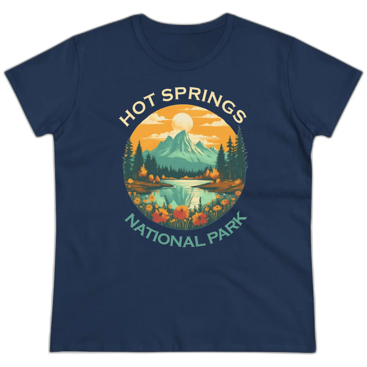 Hot Springs National Park vista illustration with mountain, wildflowers, stream, and forest in circular badge design in Navy