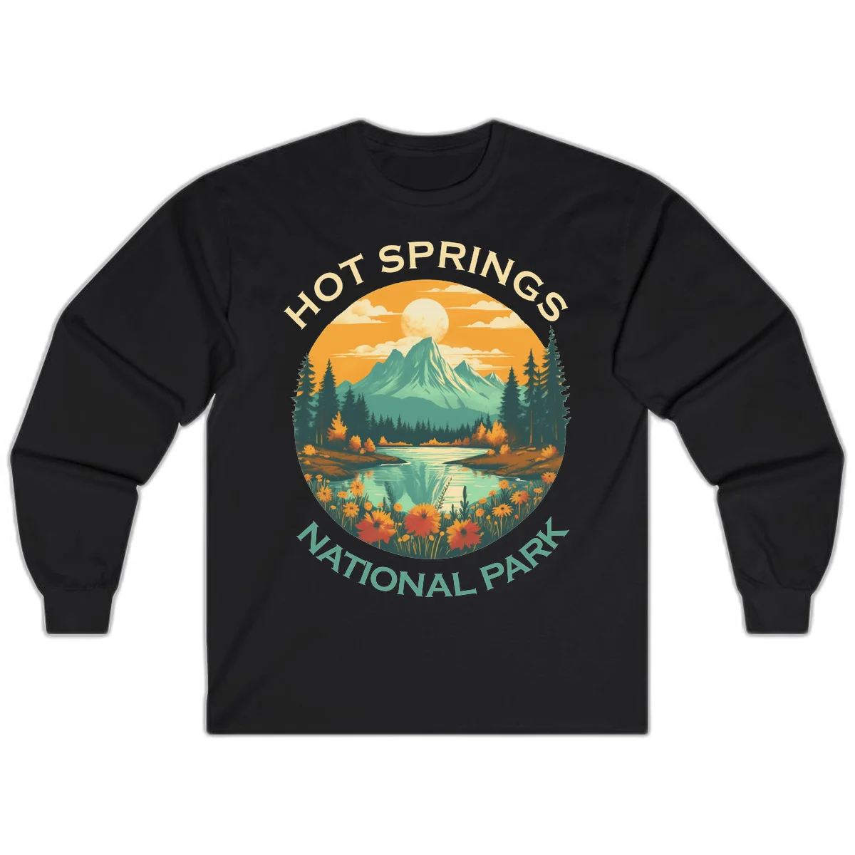 Hot Springs National Park vista illustration with mountain, wildflowers, stream, and forest in circular badge design in Black