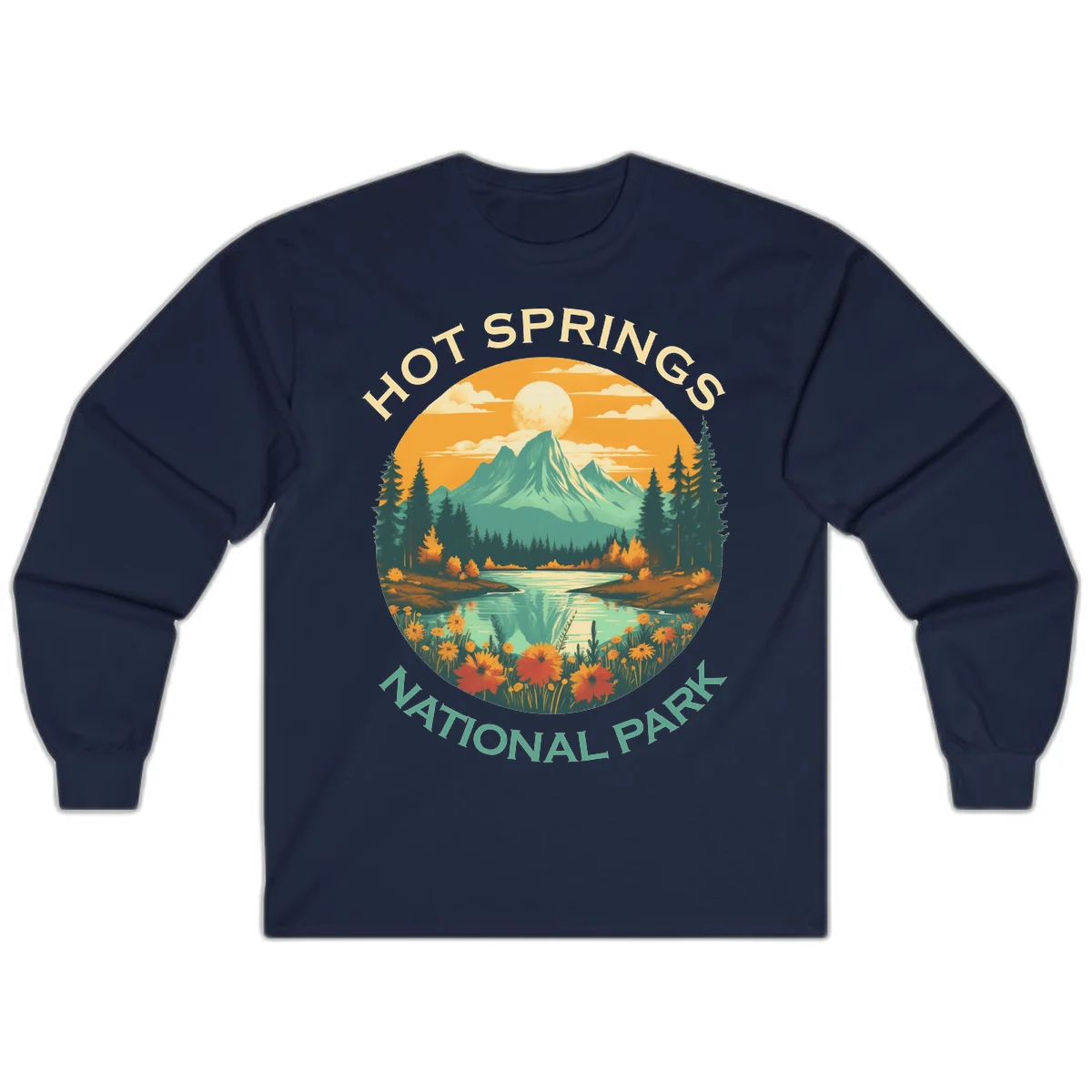 Hot Springs National Park vista illustration with mountain, wildflowers, stream, and forest in circular badge design in Navy