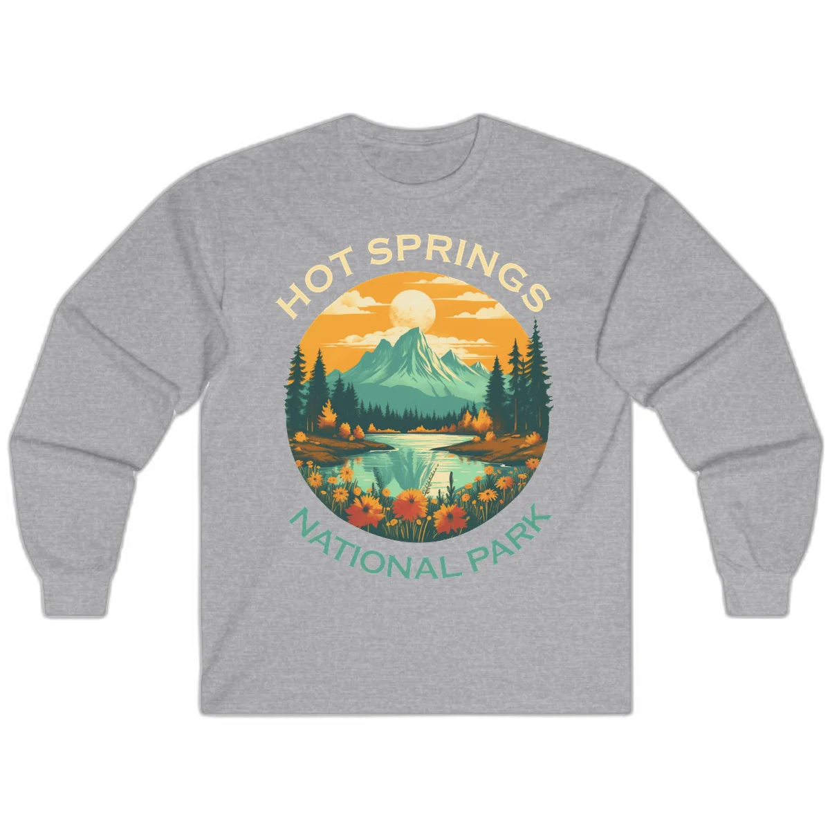 Hot Springs National Park vista illustration with mountain, wildflowers, stream, and forest in circular badge design in Sport Grey