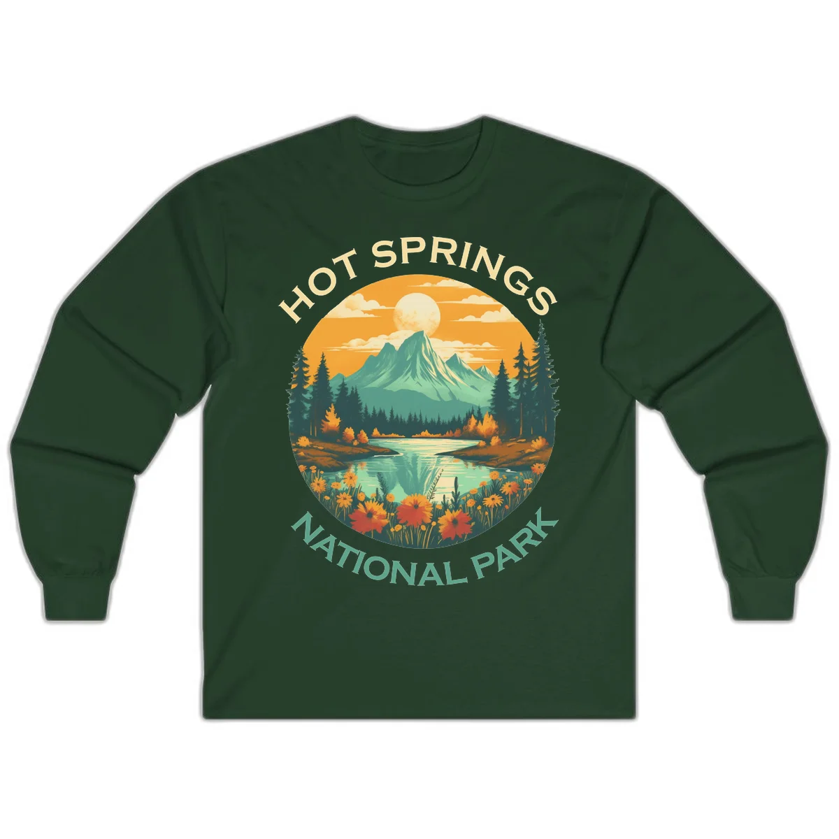 Hot Springs National Park vista illustration with mountain, wildflowers, stream, and forest in circular badge design in Forest Green