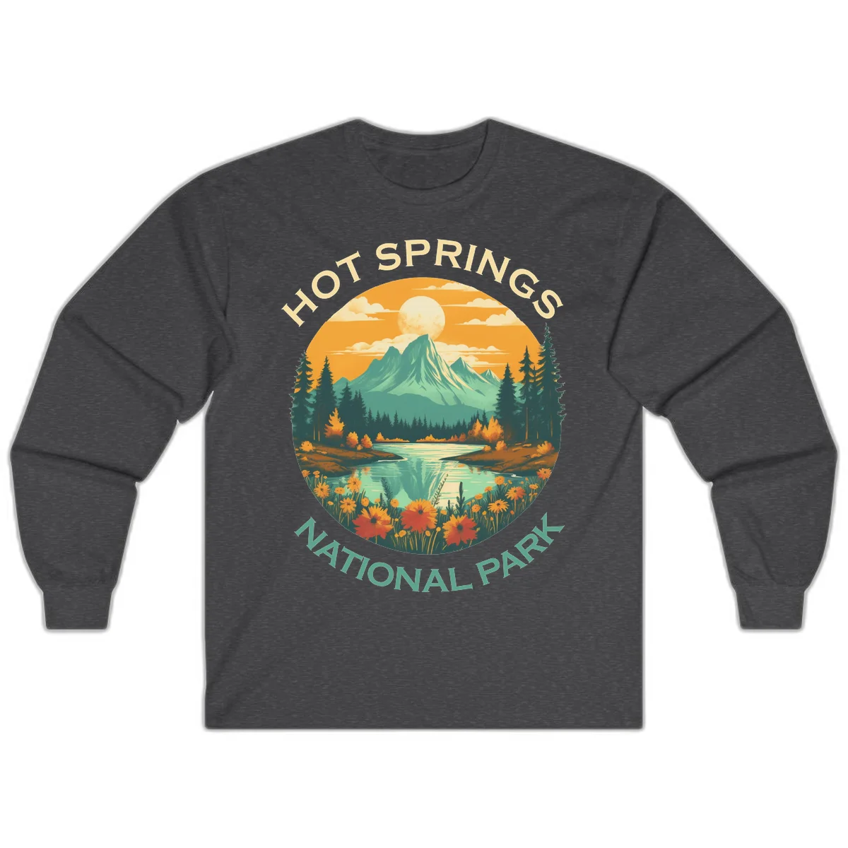Hot Springs National Park vista illustration with mountain, wildflowers, stream, and forest in circular badge design in Dark Heather