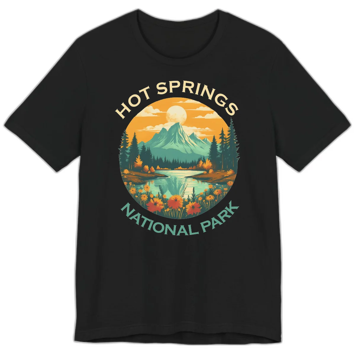 Hot Springs National Park vista illustration with mountain, wildflowers, stream, and forest in circular badge design in Black