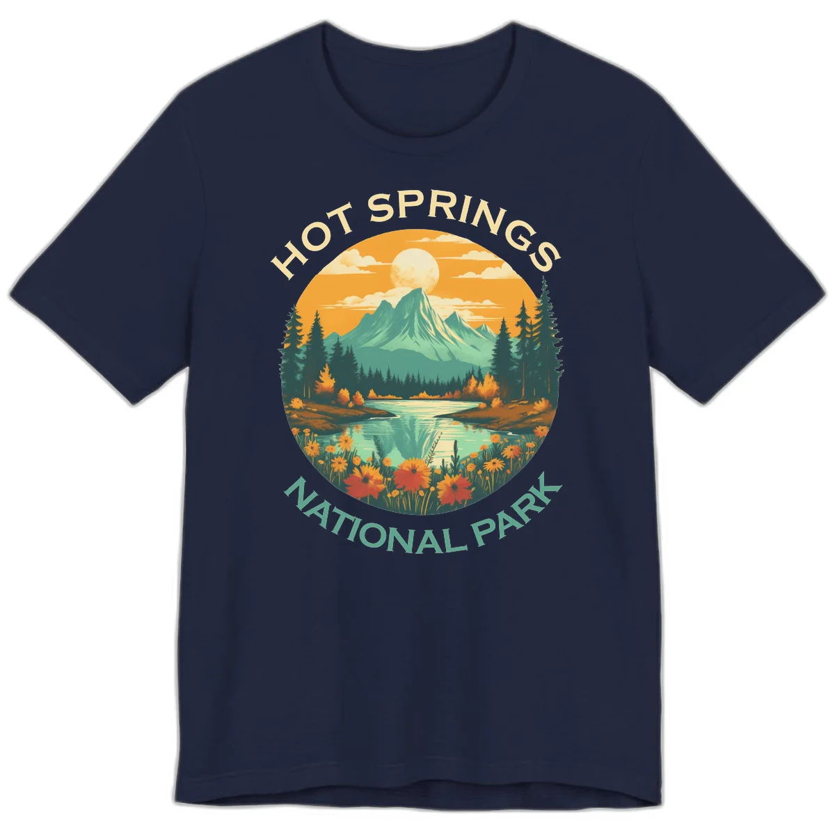 Hot Springs National Park vista illustration with mountain, wildflowers, stream, and forest in circular badge design in Navy