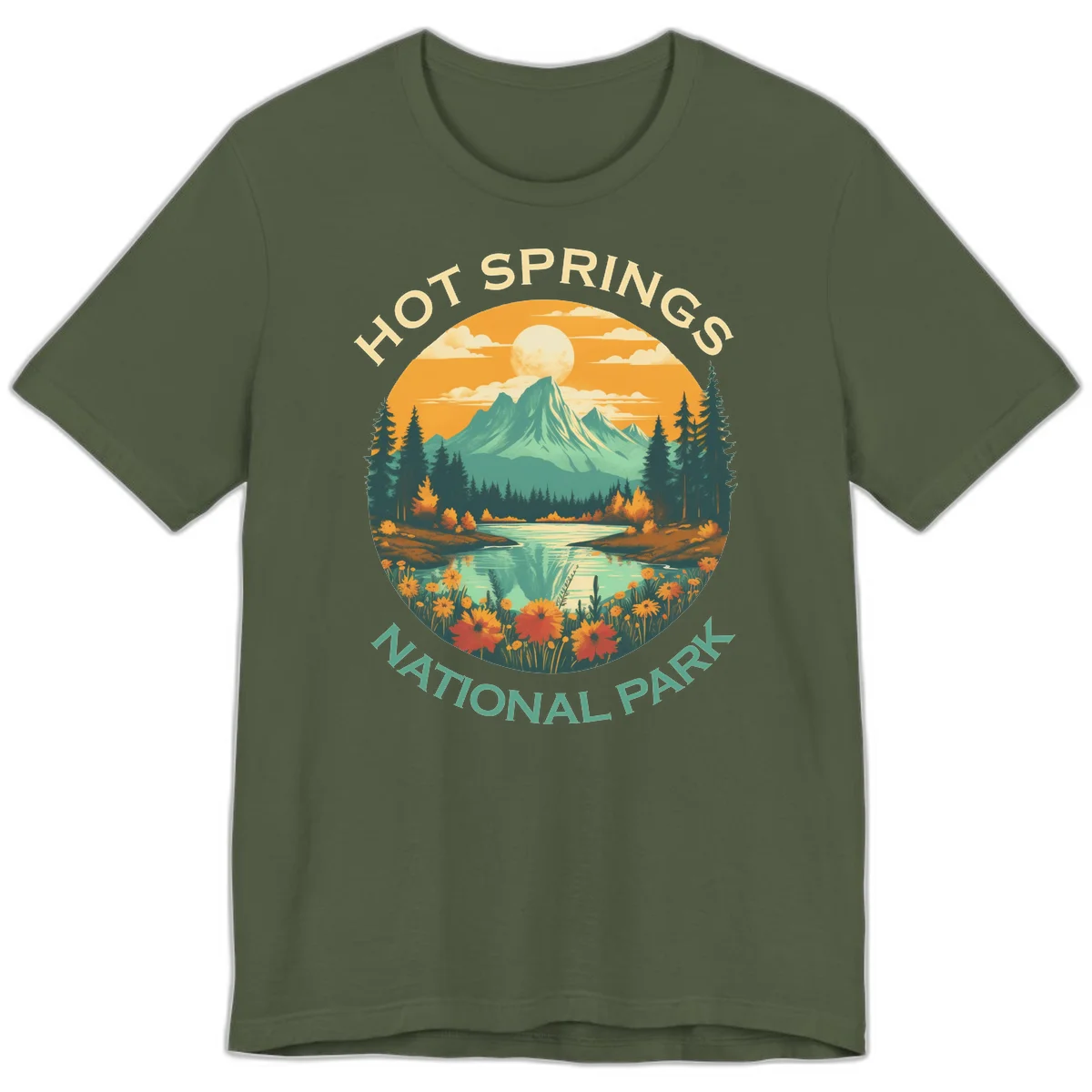 Hot Springs National Park vista illustration with mountain, wildflowers, stream, and forest in circular badge design in Military Green