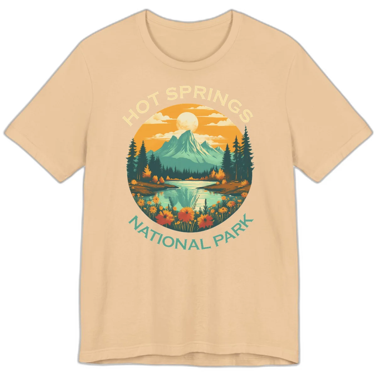 Hot Springs National Park vista illustration with mountain, wildflowers, stream, and forest in circular badge design in Sand Dune