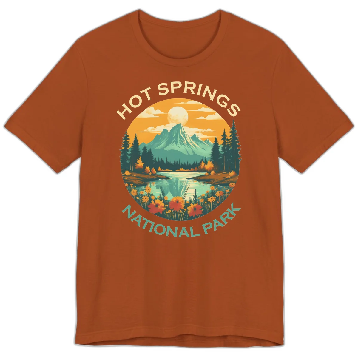 Hot Springs National Park vista illustration with mountain, wildflowers, stream, and forest in circular badge design in Autumn