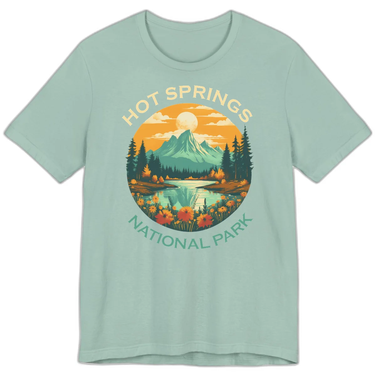 Hot Springs National Park vista illustration with mountain, wildflowers, stream, and forest in circular badge design in Dusty Blue