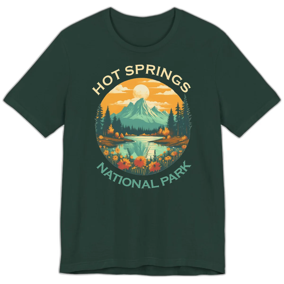 Hot Springs National Park vista illustration with mountain, wildflowers, stream, and forest in circular badge design in Forest
