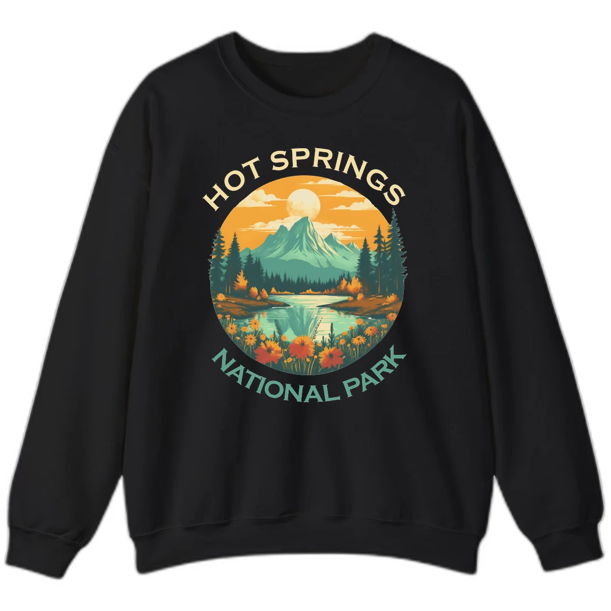 Hot Springs National Park vista illustration with mountain, wildflowers, stream, and forest in circular badge design in Black