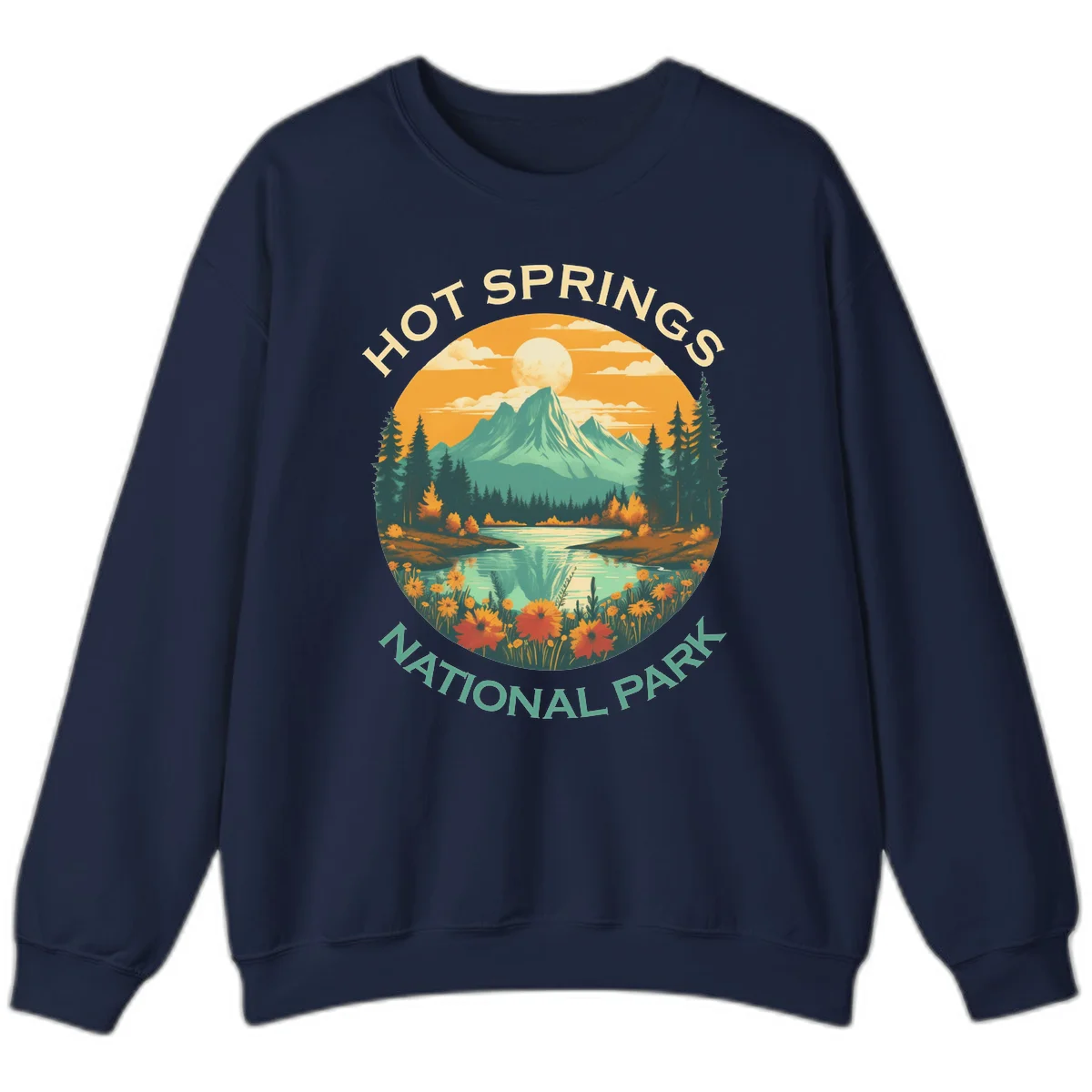 Hot Springs National Park vista illustration with mountain, wildflowers, stream, and forest in circular badge design in Navy