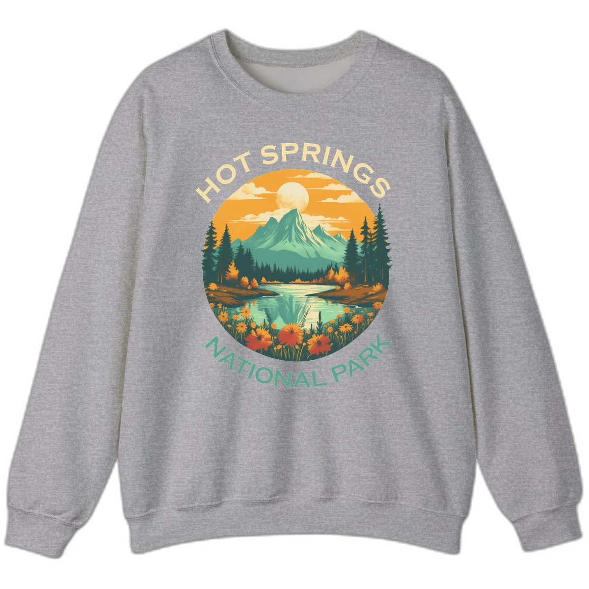 Hot Springs National Park vista illustration with mountain, wildflowers, stream, and forest in circular badge design in Sport Grey