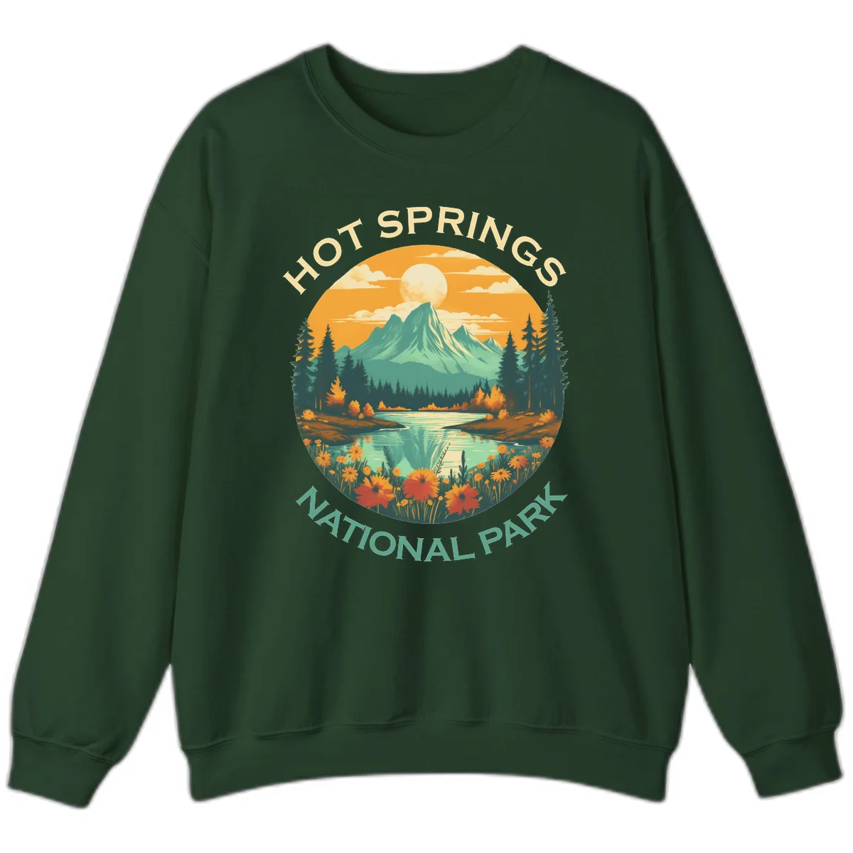Hot Springs National Park vista illustration with mountain, wildflowers, stream, and forest in circular badge design in Forest Green