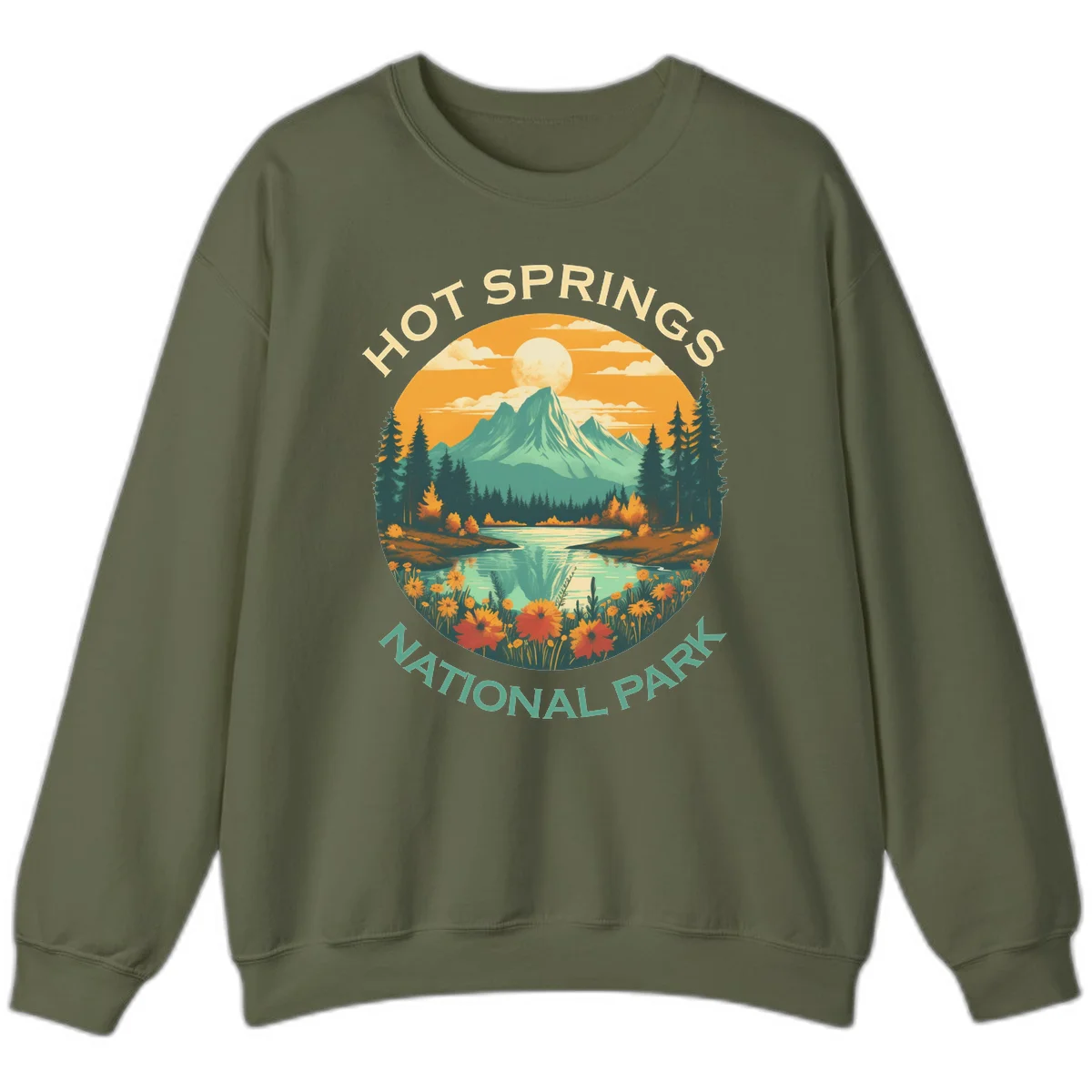 Hot Springs National Park vista illustration with mountain, wildflowers, stream, and forest in circular badge design in Military Green