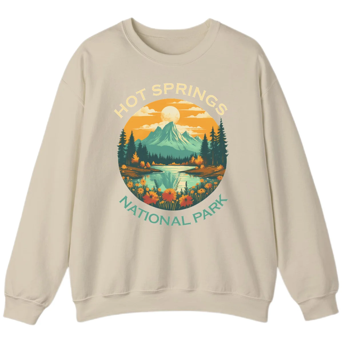 Hot Springs National Park vista illustration with mountain, wildflowers, stream, and forest in circular badge design in Sand
