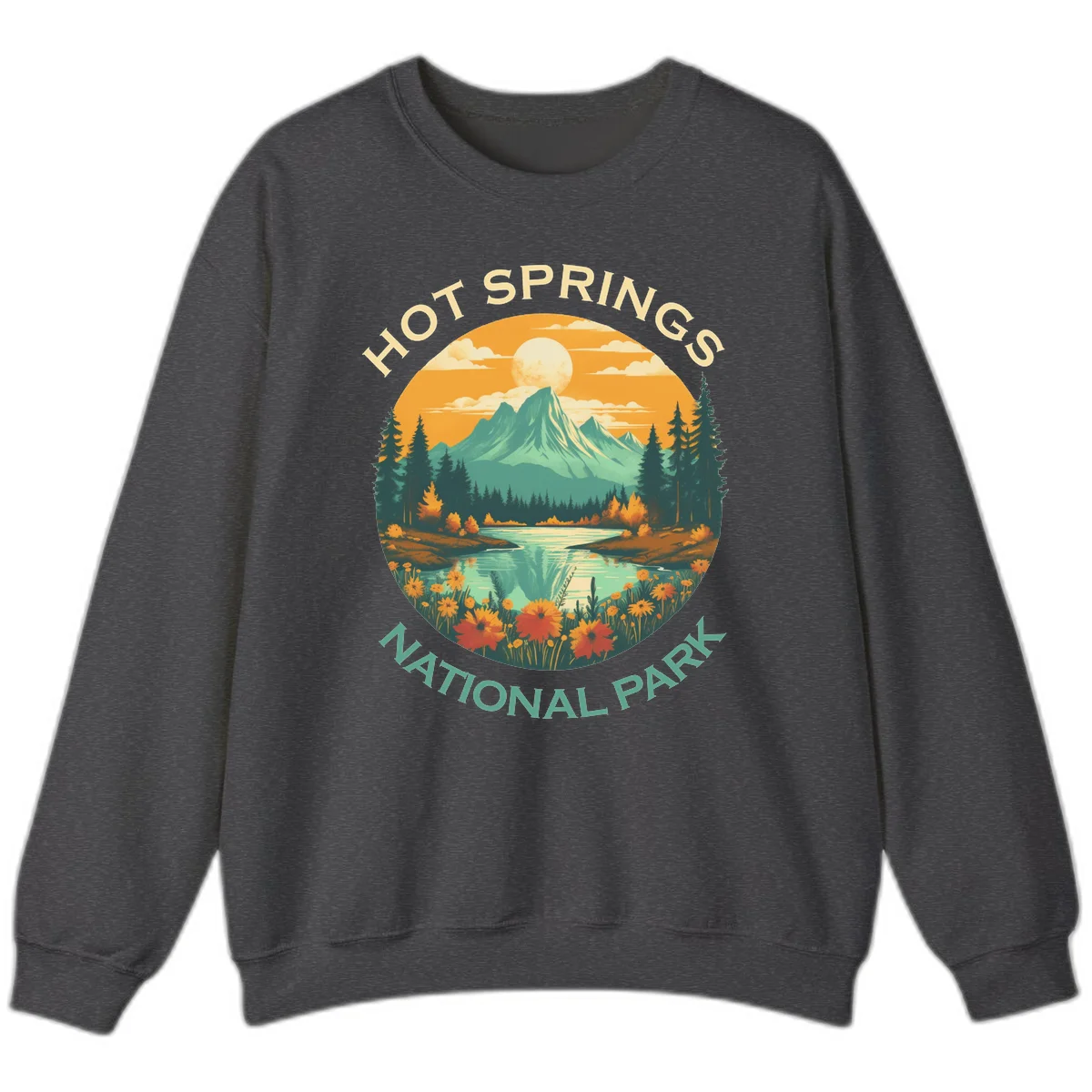 Hot Springs National Park vista illustration with mountain, wildflowers, stream, and forest in circular badge design in Dark Heather