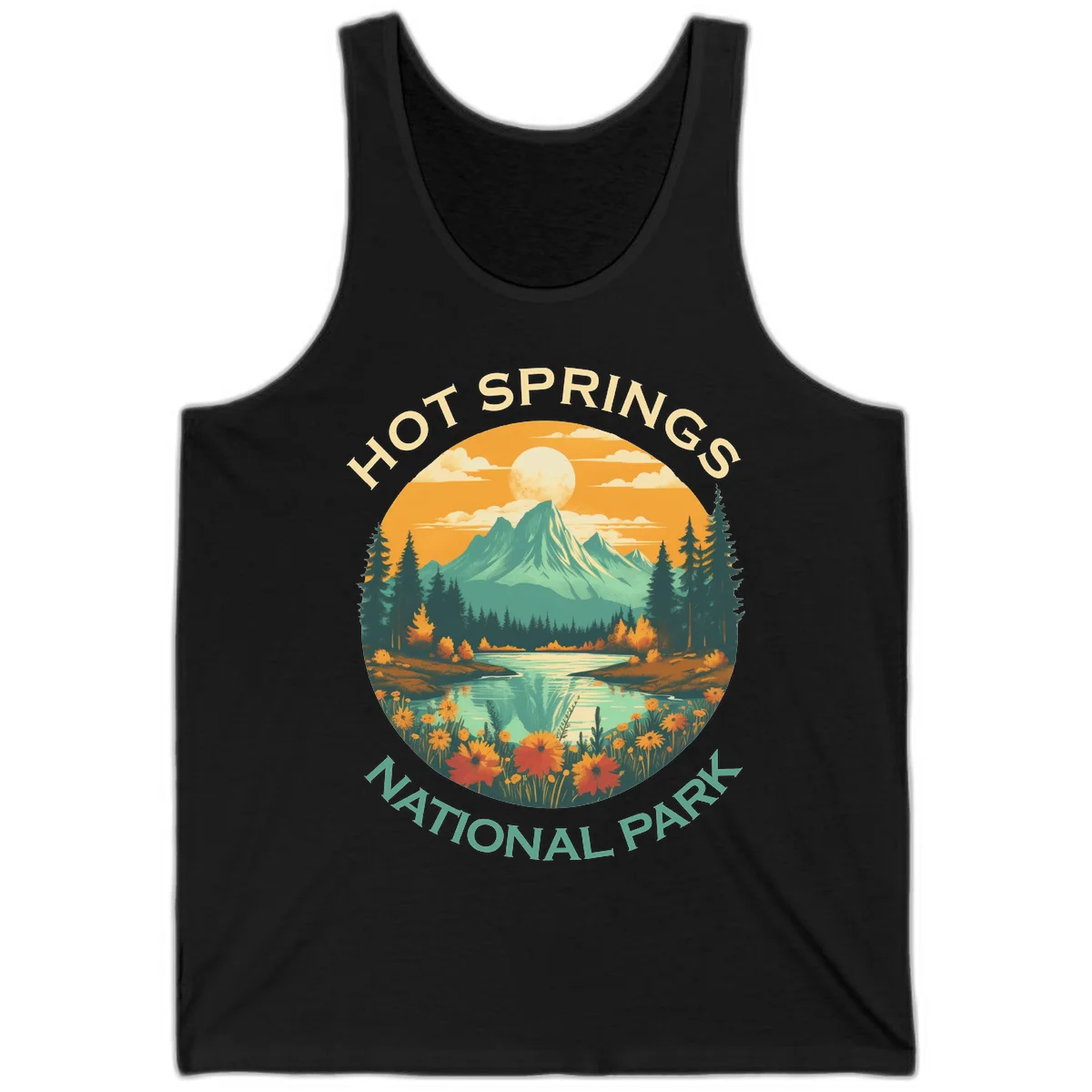 Hot Springs National Park vista illustration with mountain, wildflowers, stream, and forest in circular badge design in Black