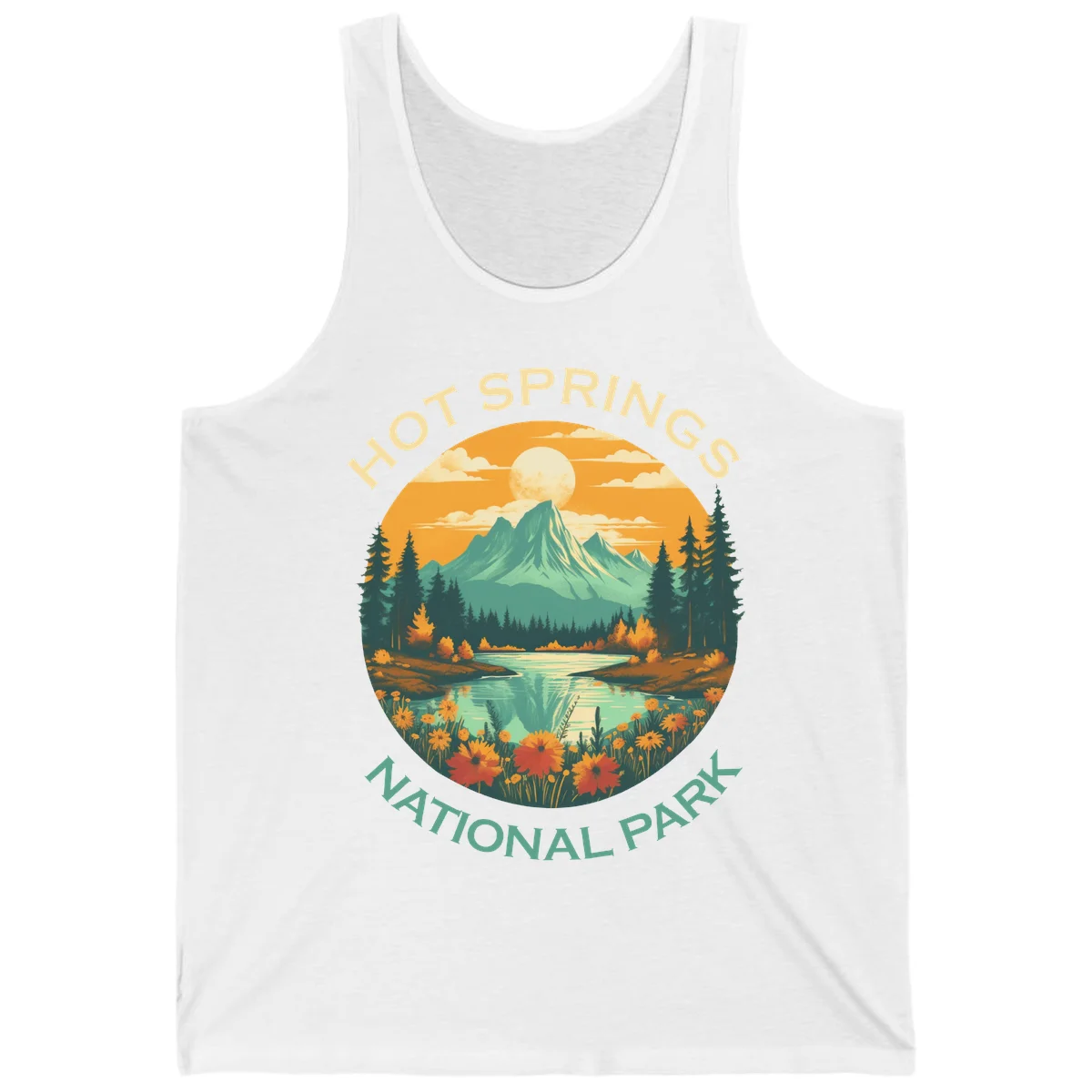 Hot Springs National Park vista illustration with mountain, wildflowers, stream, and forest in circular badge design in White