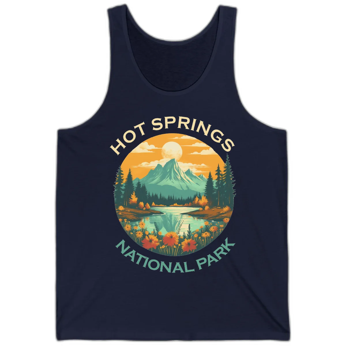 Hot Springs National Park vista illustration with mountain, wildflowers, stream, and forest in circular badge design in Navy