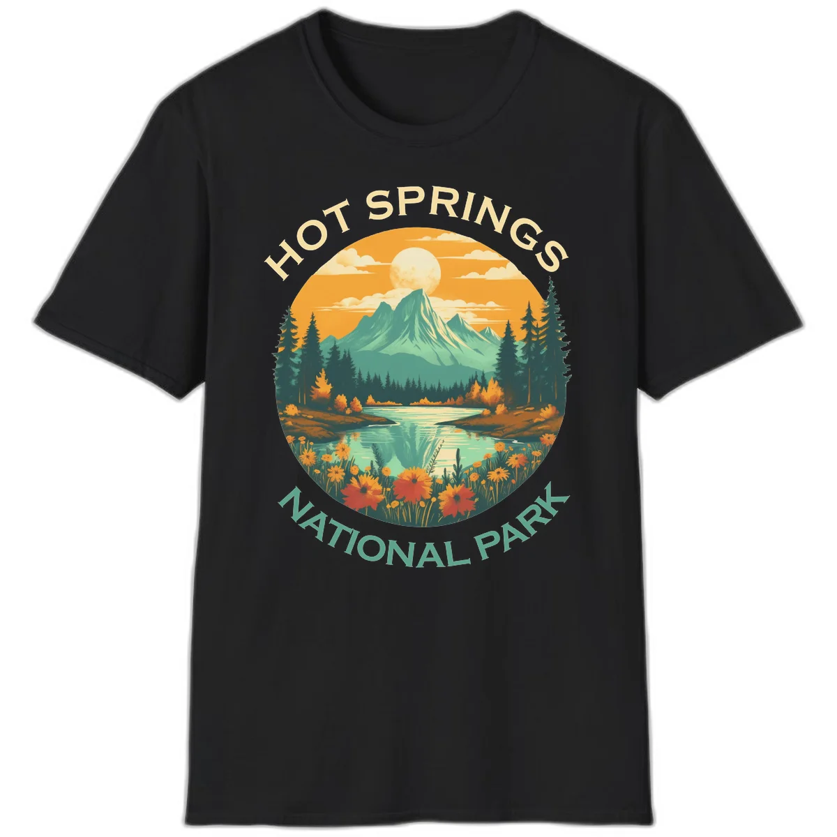 Hot Springs National Park vista illustration with mountain, wildflowers, stream, and forest in circular badge design in Black