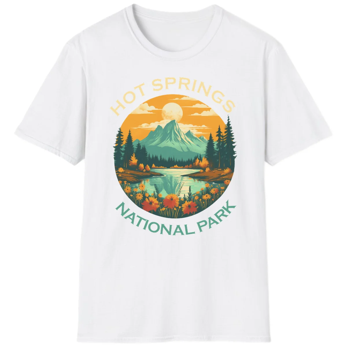 Hot Springs National Park vista illustration with mountain, wildflowers, stream, and forest in circular badge design in White