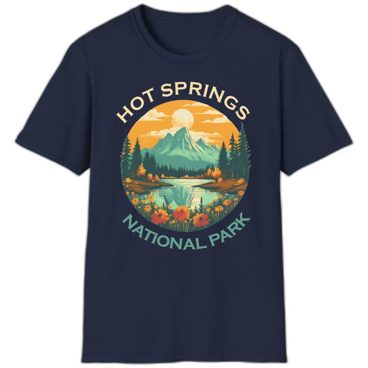 Hot Springs National Park vista illustration with mountain, wildflowers, stream, and forest in circular badge design in Navy