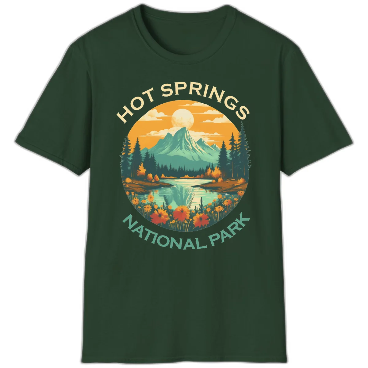 Hot Springs National Park vista illustration with mountain, wildflowers, stream, and forest in circular badge design in Forest Green
