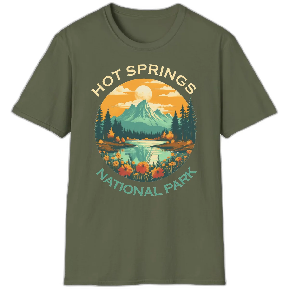 Hot Springs National Park vista illustration with mountain, wildflowers, stream, and forest in circular badge design in Military Green